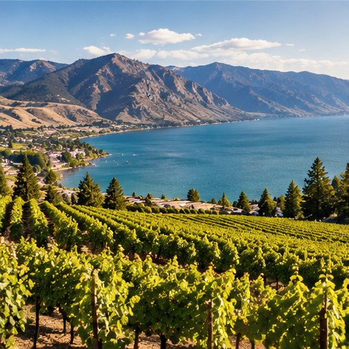 Illustrative image of green vineyard slopes above a blue mountain lake