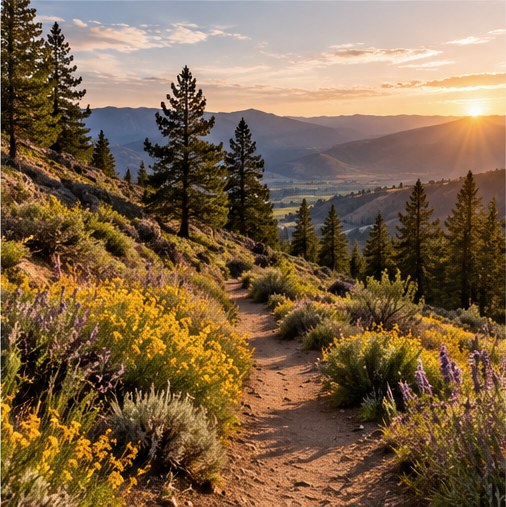 Illustrative image of a hillside trail with wildflowers and golden light