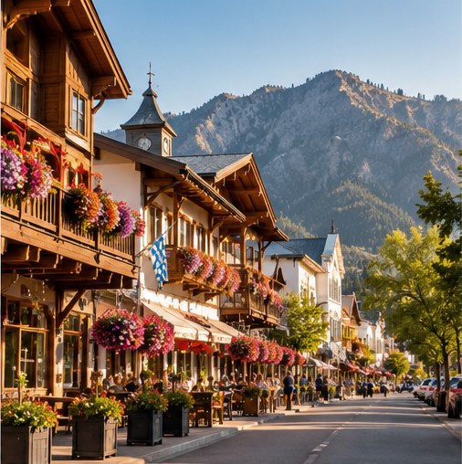 Illustrative image of Alpine-style buildings with balconies and flowers