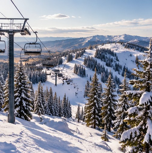 Illustrative image of snowy slopes and lifts at a mountain resort