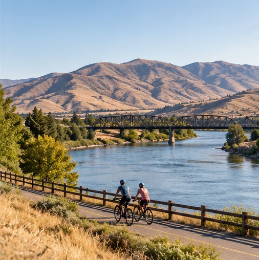 Illustrative image of cyclists riding alongside a river in the Wenatchee Valley